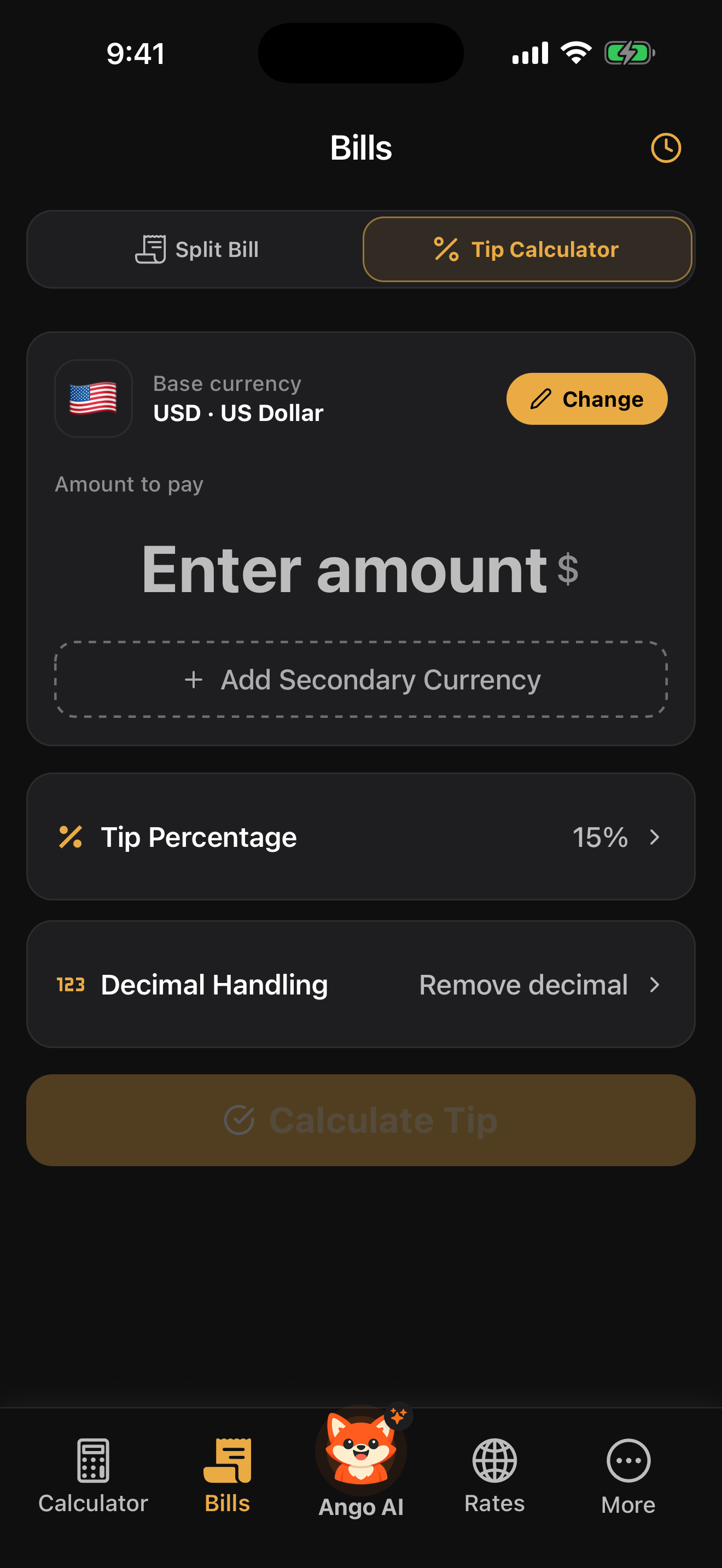 Tip calculator screen