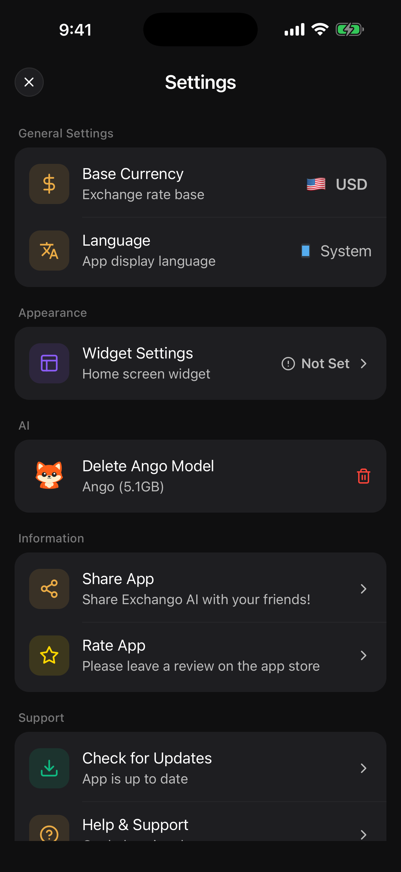 Settings screen